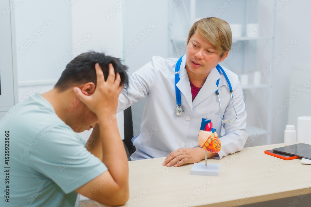 Obraz premium Asian male doctor specializing in cardiology explains heart disease to a patient using a heart model. He provides expert advice, discusses symptoms, risk factors, and treatment in a modern clinic.