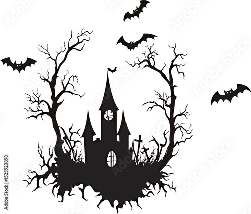 Haunting silhouette of a castle with bats and eerie trees, perfect for Halloween decor.