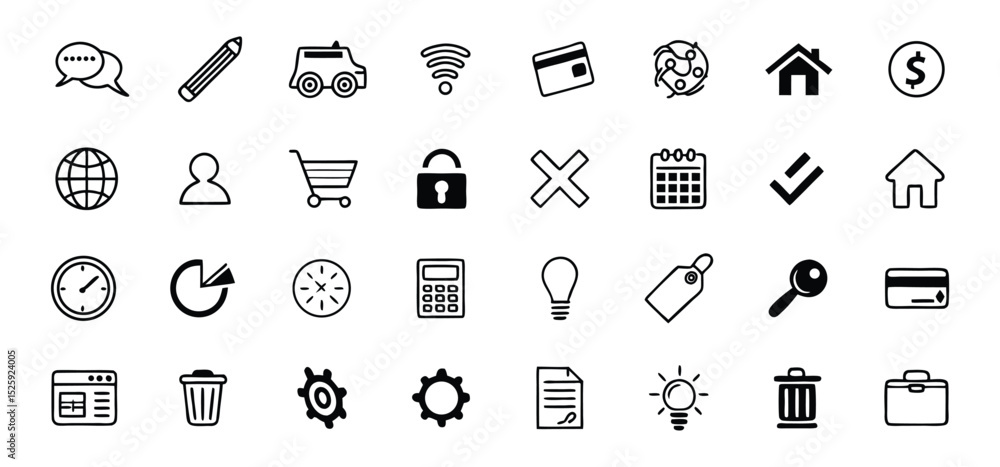 Fototapeta premium A collection of outlined black and white icons depicting various concepts and universal symbols for design elements