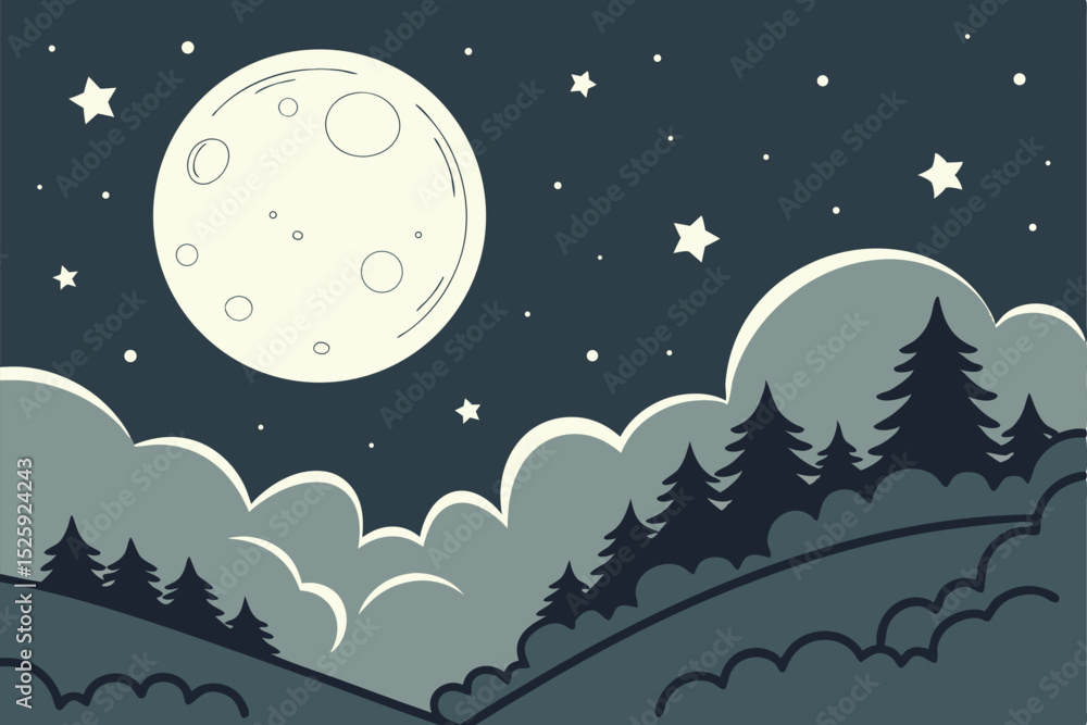 Obraz premium Nighttime Landscape with Full Moon and Clouds serene illustration landscape night featuring full moon clouds trees hill night landscape moonlit scene full moon clouds trees