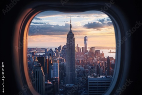 Wallpaper Mural Aerial view of a city skyline at sunset seen through an airplane window featuring tall skyscrapers and a glowing sky with clouds Torontodigital.ca