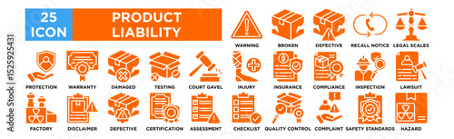 Product Liability icon collection set. Warning Label, Broken Product, Defective Packaging, Recall Notice, Legal Scales