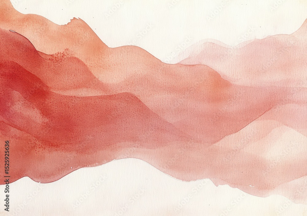 Fototapeta premium Abstract soft watercolor painting with flowing red and pink gradient shapes resembling gentle waves or mountainous landscape blending smoothly