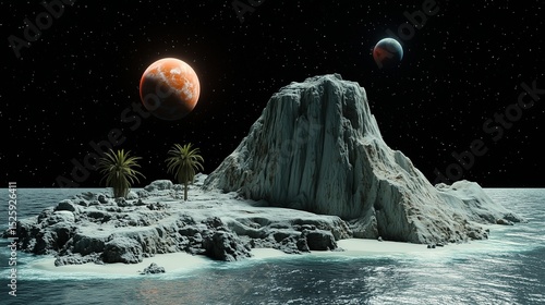 Sci - fi Alien Island Scene with Planets, Ocean, Vegetation, for Sci - fi Movie Concepts, Game Scene Design, Astronomy Popularization, Cosmic Theme Art, Virtual World Materials