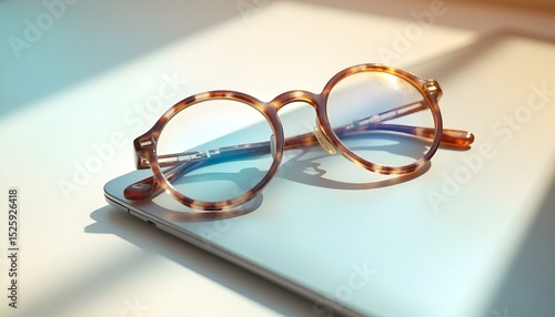 Vintage Tortoiseshell Glasses on Laptop, Showcasing Office Fashion & Artistic Atmosphere, for Eyewear Brand Promotion, Office Scene Design, Fashion Blogger Material, Cultural & Creative Promotion