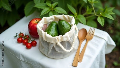 Organic Fruits & Vegetables with Bamboo Tableware, Showcasing Healthy Diet & Zero - Waste Lifestyle, for Food Blogs, Vegan Promotion, Sustainable Living, Eco - Restaurants, Green Brands