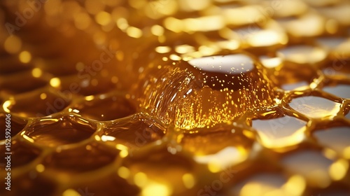 Macro close - up of honey flowing on honeycomb, showing golden honey liquid and honeycomb texture, for food photography, nature popularization, health preservation, food design, ecological theme 