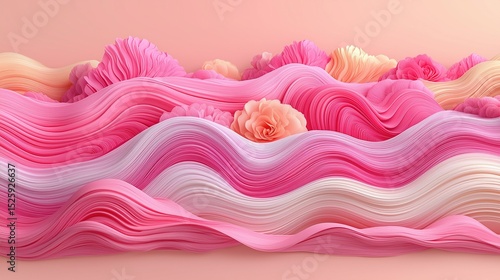 Pink - toned Paper Art Flower Wave Decoration, for Wedding Arrangement, Beauty Brand, Fashion Poster, Romantic Scene Design, Showcasing 3D Paper Art & Soft Gradient Aesthetics