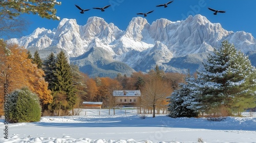 Winter Snow - Capped Mountain Forest Landscape, Featuring Snow Scenery, Mountains, Forests, Flying Birds, Houses, for Nature Decoration, Travel Promotion, Seasonal Design