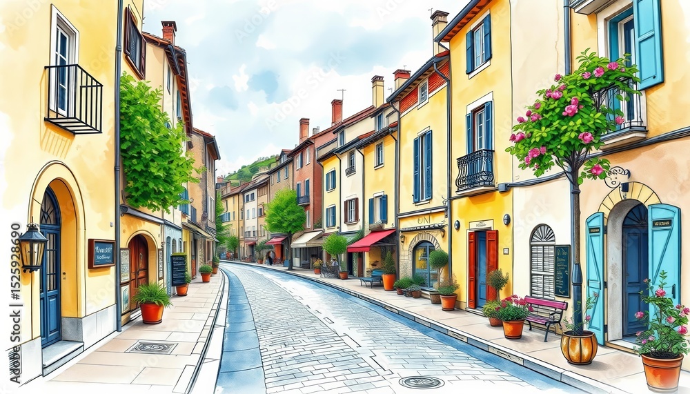 Fototapeta premium Charming Provençal street scene, hand-drawn sketch style, watercolor wash background, street, charming