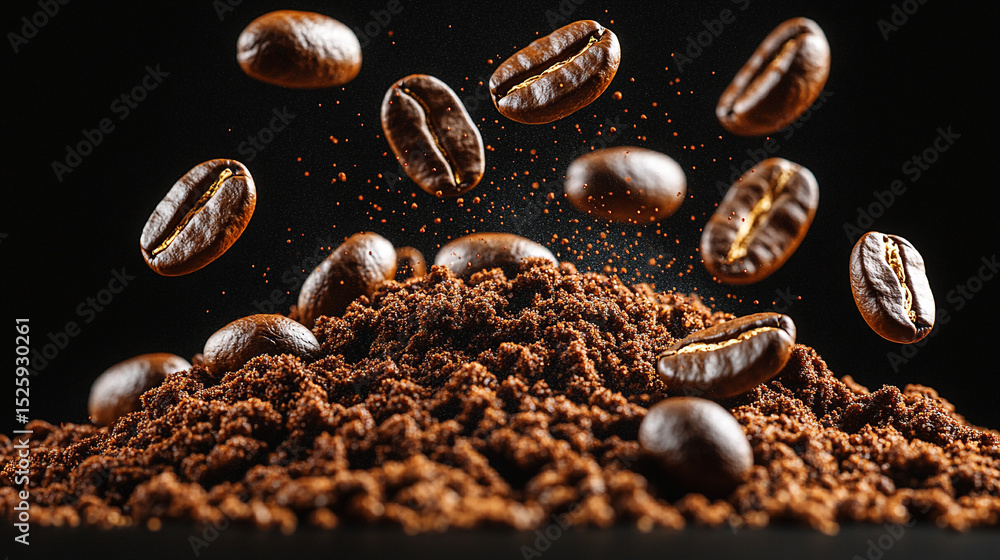Dynamic close-up of coffee beans mid-air with textured ground coffee on black background. Dynamic close-up of coffee beans mid-air with textured ground coffee on black background.