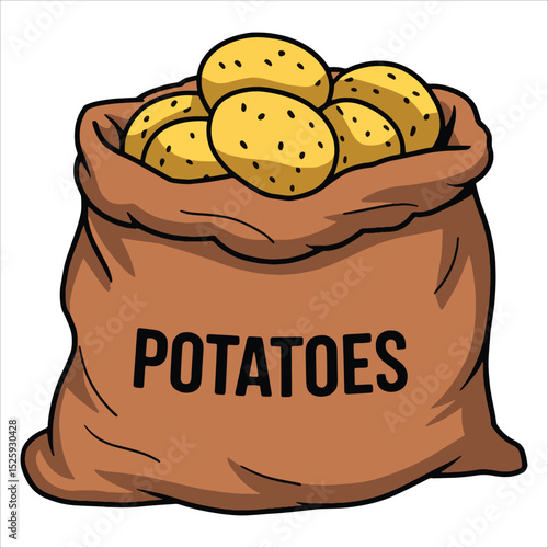 Brown jute sack filled with ripe potatoes vector illustration. Rustic burlap bag of fresh root vegetables perfect for harvest themes, organic food packaging, and sustainable agriculture designs.