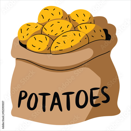 Burlap sack filled with unpeeled potatoes vector. Hearty farm produce artwork ideal for farmer market graphics, cookbook illustrations, and sustainable food campaigns.