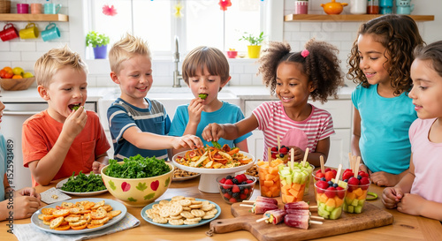 Group of children enjoying healthy colorful food spread in bright kitchen. Kids healthy eating and nutrition education concept. Image for family, health, banner and social media