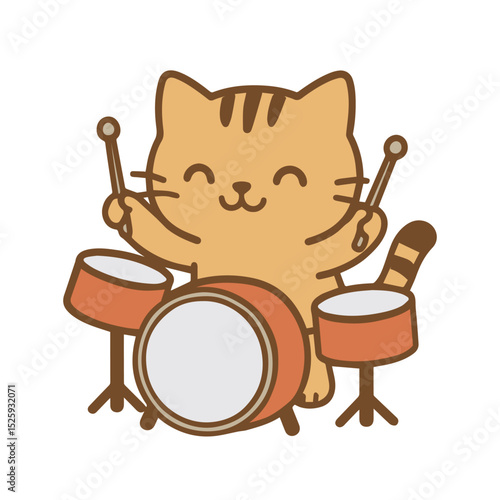 Cartoon cat playing drums happily