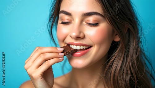 Young woman close hers eyes while enjoy eating chocolate - guilty pleasure with sugary food which trigger the release of brain chemicals associated with pleasure and happiness