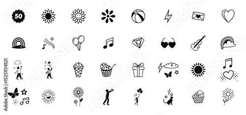Collection of cute black and white doodle icons depicting happiness and joyful moments on a white background