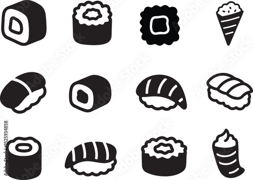 Black and White Collection of Various Sushi Icons