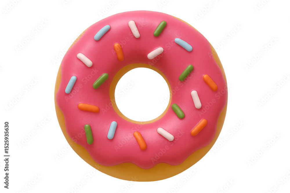 Obraz premium Glossy pink donut spinning, multicolored sprinkles dancing against transparent backdrop, highlighting sweet culinary design element