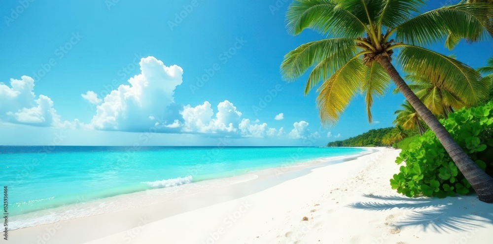 Fototapeta premium White sand beach, turquoise water, palm trees, horizon, crystal, waves