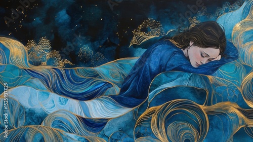 Woman Sleeping on Blue and Gold Abstract Waves