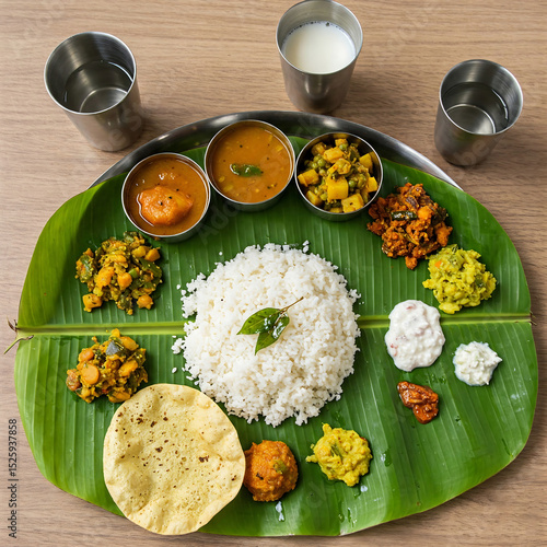 Authentic south indian vegetarian meal served on a banana leaf with traditional dishes