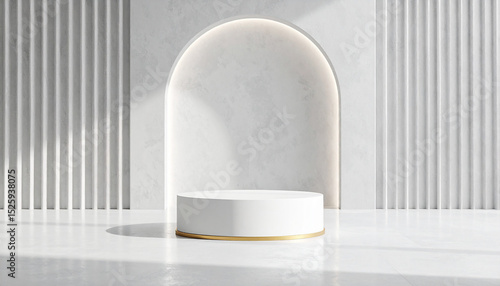 Bright exhibition stage with white background. Concept of space for product promotional sales presentation.