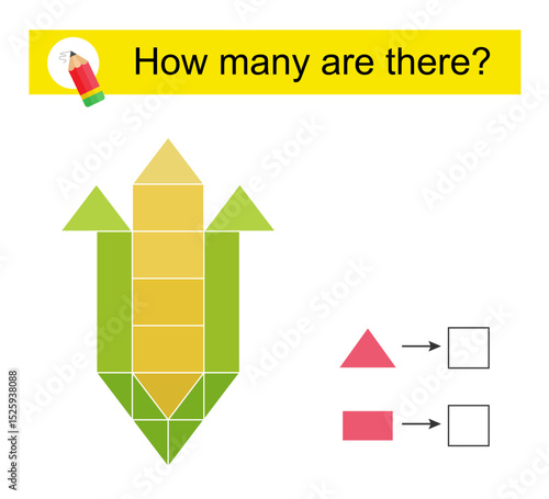 Math activity for kids. How many geometric shapes? Cartoon corn.
