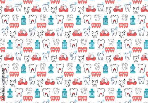 Dentist, orthodontics seamless pattern with line icons. Dental care, medical equipment, braces, tooth prosthesis, floss, caries treatment, toothpaste.

