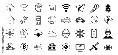 Collection of modern line art icons depicting connectivity digital technologies and communication elements
