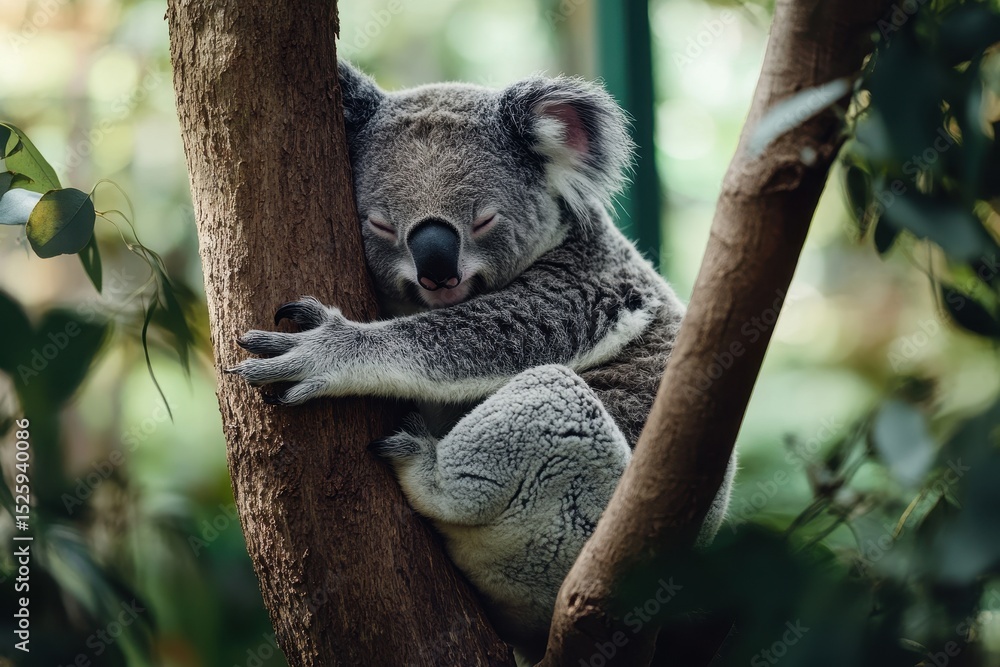 Obraz premium Koala bear enjoys a nap while scratching its fur on a sturdy tree branch in the lush forest, Koala bear scratches fur and takes a nap on tree branch of Australia forest