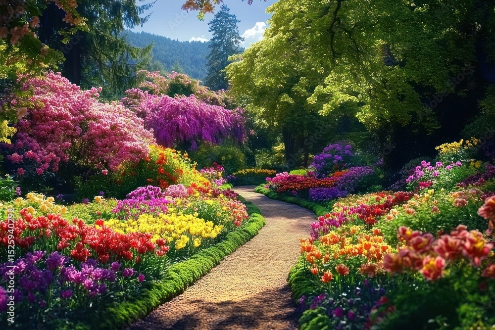 Obraz premium Vibrant garden pathway surrounded by colorful blooming flowers and lush greenery under bright sunlight with distant forested hills and clear blue sky