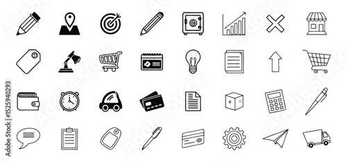 Collection of simple business and finance related outline icons in black and white for visual communication