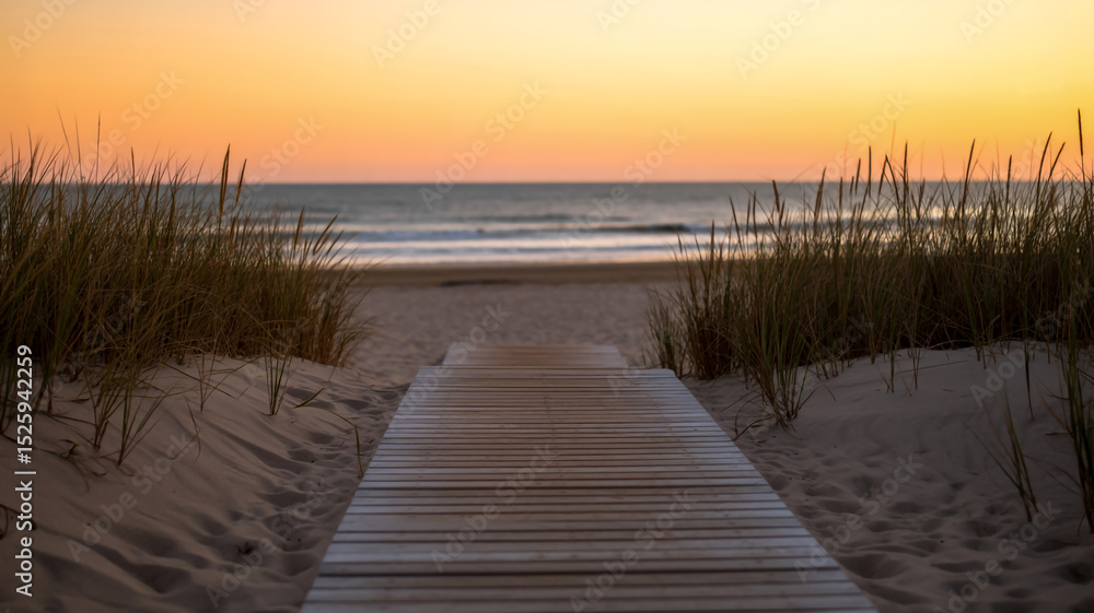 Naklejka premium A serene beach boardwalk photograph during sunset