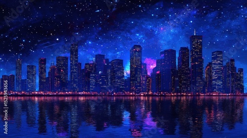 Night Cityscape  Purple Galaxy  Skyline Reflection