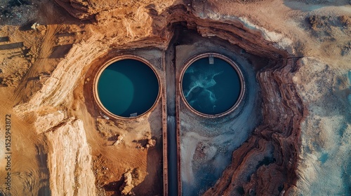 Aerial View of Two Circular Reservoirs in Arid Landscape