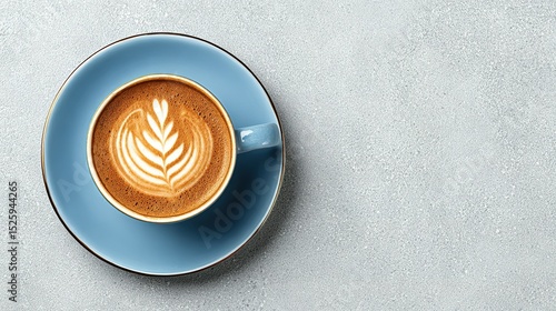 Light-brown cappuccino in a light-blue ceramic cup and saucer.
