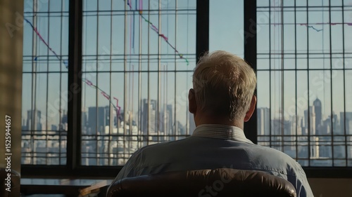 Man sitting in chair looking out window at city skyline with falling stock market charts displayed