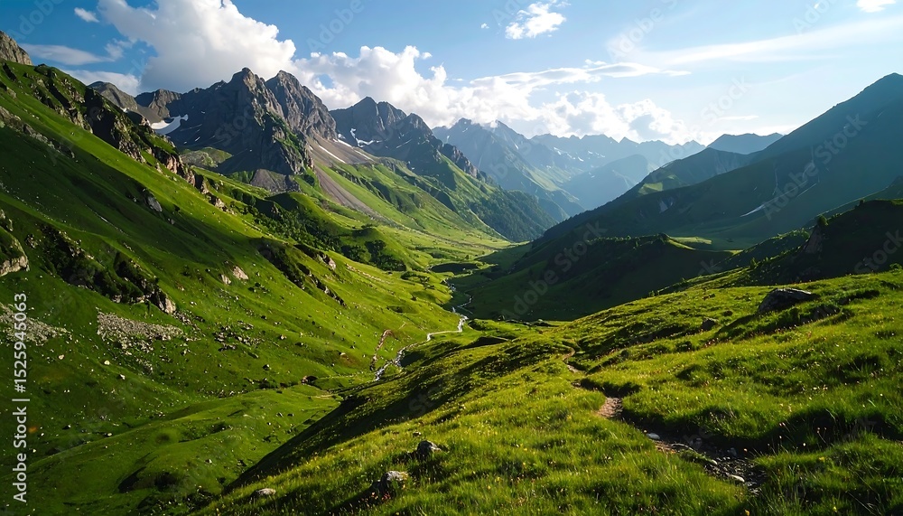 Fototapeta premium Alpine valley bathed in sunlight
