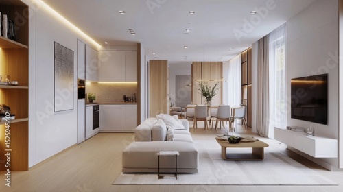 Clear division between living room and dining with subtle wall change