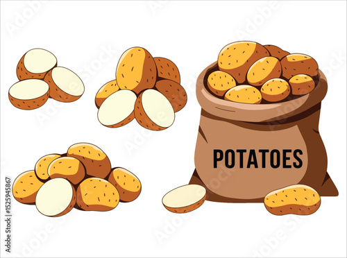 Sack of potatoes with slices vector illustration. Agricultural product and cooking ingredient artwork.