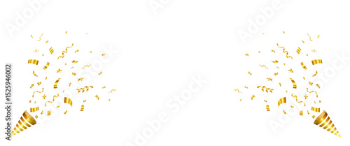 Gold popper explosion with confetti and ribbon, Golden confetti with party poppers isolated. birthday, anniversary. Vector illustration.