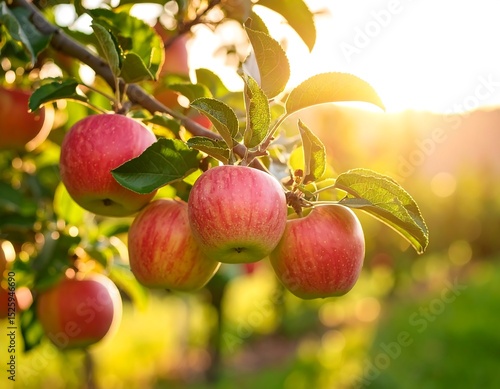 Apples on a tree branch at sunset
