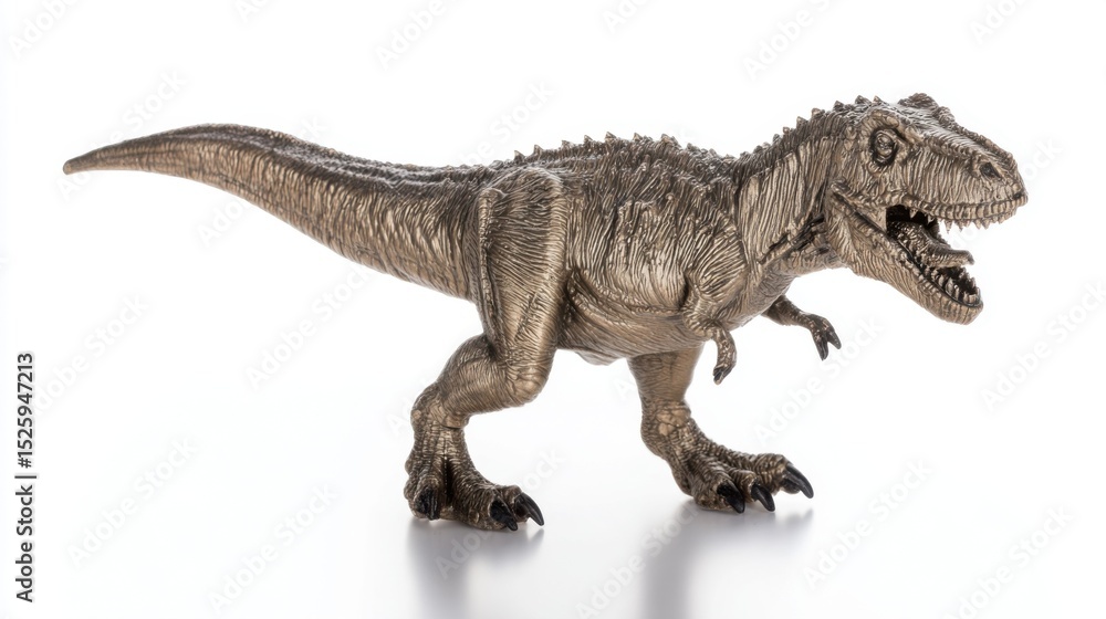 Obraz premium Detailed metallic bronze Tyrannosaurus rex toy model with textured skin, wide open mouth showcasing sharp teeth, lifelike fierce expression, clawed arms, powerful hind legs, extended tail, and menacin