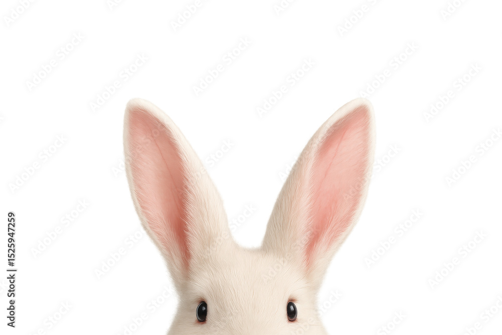 Fototapeta premium White fluffy easter bunny peeking, large ears extended, transparent background highlighting playful seasonal charm