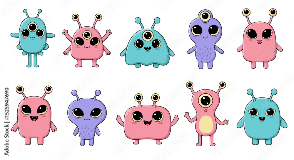 Fototapeta premium cute kawaii alien characters, with big eyes, pastel colors, and expressive faces. Each alien has a unique shape—some with antennae, others with multiple arms or eyes. Set against a white background, 