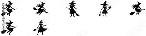 Six silhouettes of witches on broomsticks for halloween