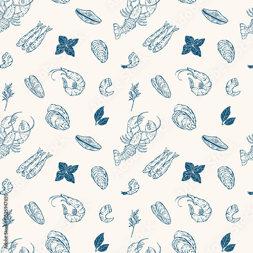 Seamless vector pattern of seafood including lobster, shrimp, sardines, mussels, and oysters in a doodle illustration style. Perfect for packaging, textiles, backgrounds, and culinary designs