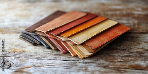 A spectrum of leather swatches displayed on a rustic wooden surface texture
