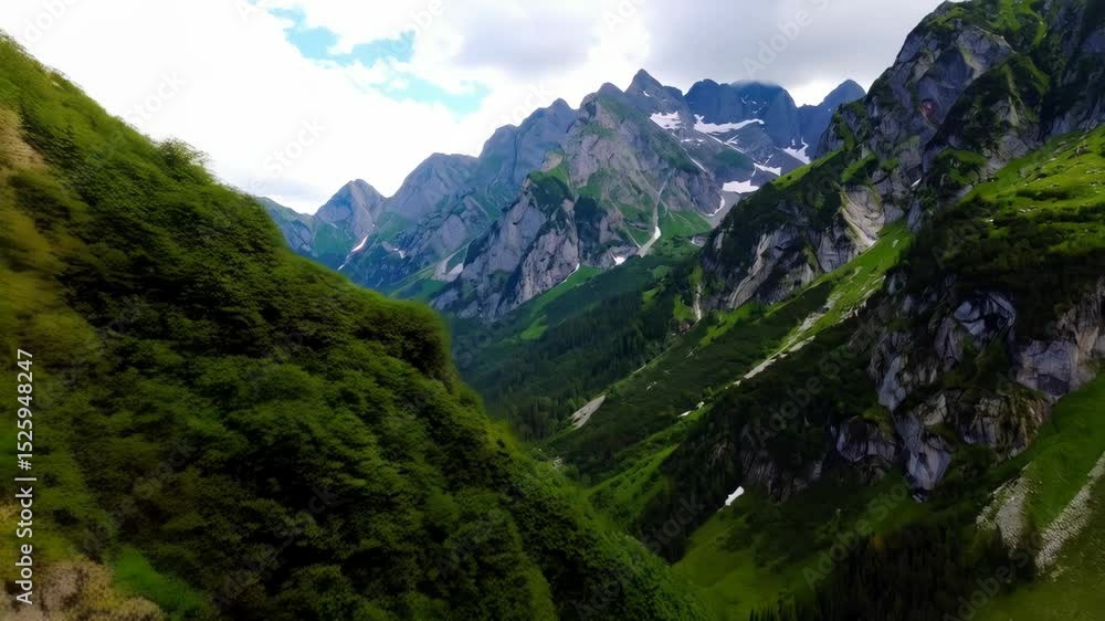 Aerial shot of mountains covered with green vegetation with river flowing in the valley with some snow cover on the peaks and cloudy sky. Aerial shot of mountains covered with green vegetation with river flowing in the valley with some snow cover on the peaks and cloudy sky.